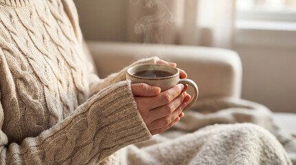 Steam rising from a hot drink in a mug held by a woman dressed in beige wool clothing