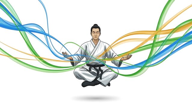 Serene martial artist meditating with colorful flowing ribbons - Powered by Adobe
