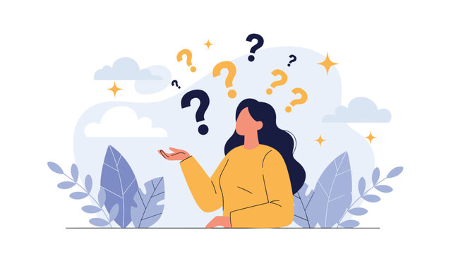 A confused woman looks at various question marks floating around her, symbolizing uncertainty, decision-making, and the need for information or support.