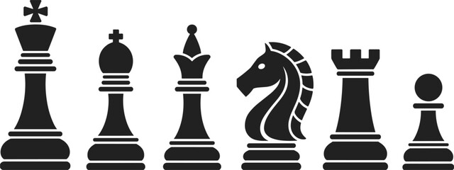 Black Silhouette Chess Pieces King Queen Bishop Knight Rook Pawn Isolated White Background game strategy © MDBENJIR
