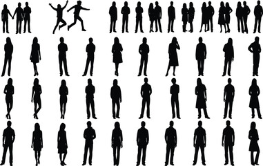 Large Collection of Black People Silhouettes Showing Men and Women Standing Walking and Social Poses Isolated on White Background