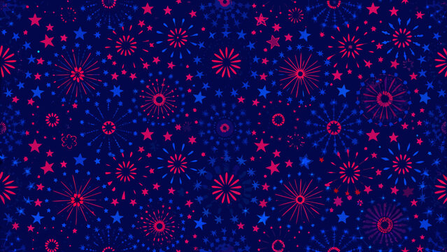 A vibrant pattern of red and blue fireworks and stars on a dark background