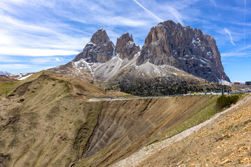 Sassolungo and Sasso Piatto massif viewed from Sella Pass in the Dolomites, Italy