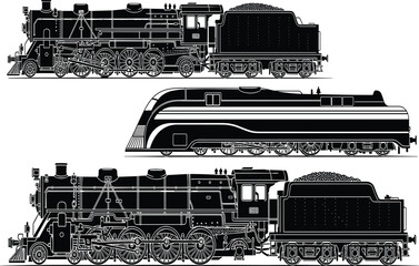 Vintage Steam Locomotive Silhouettes Set Featuring Classic Railway Trains Detailed Technical Illustration Isolated on White Background for Transportation Design Projects © Chopon