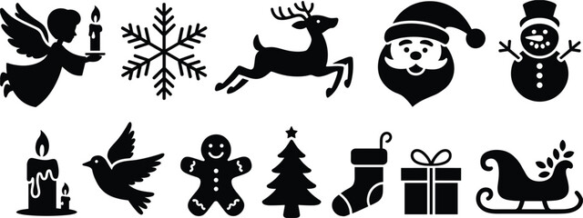 Obraz premium Christmas Icons Set Black Silhouettes On White Background Keywords: christmas, holiday, icon, set, silhouette, santa, claus