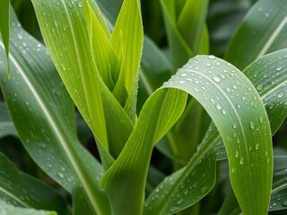 Fototapeta premium Vibrant Green Corn Leaves Adorned with Water Droplets in Close-Up View