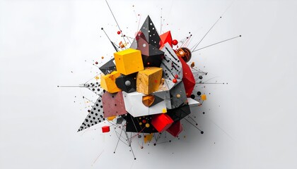 Abstract geometric composition of varied shapes, colors, and connected lines on white