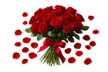 A stunning bouquet of fresh red roses tied with a rich red ribbon scattered with delicate rose petals creating a beautiful and romantic display for Valentines Day anniversaries or special