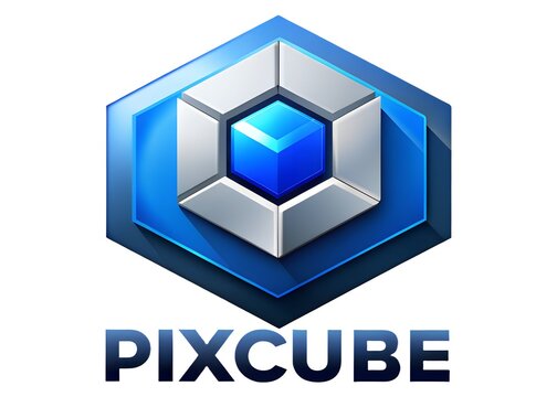 3d logo design of pixcube with blue and silver hexagon