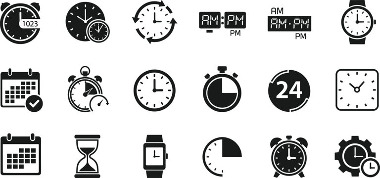 Minimal black and white vector icons set featuring clocks, calendars, watches, timers, hourglass, and time management scheduling symbols collection