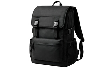 Naklejka premium A versatile black backpack with multiple pockets and sturdy buckles, perfect for students, travelers, and commuters carrying daily essentials or outdoor gear