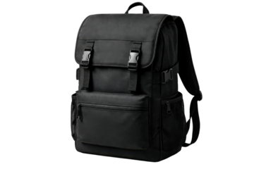 A versatile black backpack with multiple pockets and sturdy buckles, perfect for students, travelers, and commuters carrying daily essentials or outdoor gear