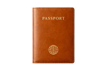 Brown leather passport holder featuring gold embossed text and a globe symbol, ideal for travel industry promotions, immigration services, or global journey advertisements.