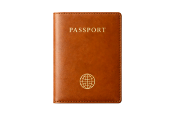 Brown leather passport holder featuring gold embossed text and a globe symbol, ideal for travel industry promotions, immigration services, or global journey advertisements.