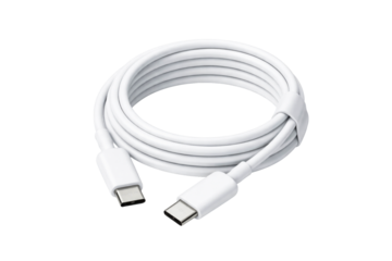 A coiled white reversible USBC charging cable with metal connectors is ready for fast data transfer and power delivery to modern electronic devices and smart accessories