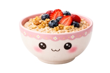 Wholesome breakfast oatmeal topped with fresh strawberries, ripe blueberries, and crunchy walnuts served in a delightful kawaii happy face bowl, suitable for food blogs and healthy