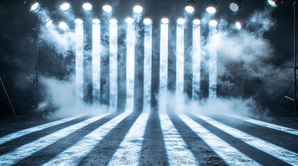 A dramatic studio setup with vertical stripes of light shining through smoke, creating a chaotic atmosphere, ideal for adding a dynamic backdrop to various creative projects.