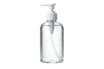 Clear hand sanitizer pump bottle filled with essential disinfectant gel for personal hygiene and germ protection perfect for health care promotions and product displays