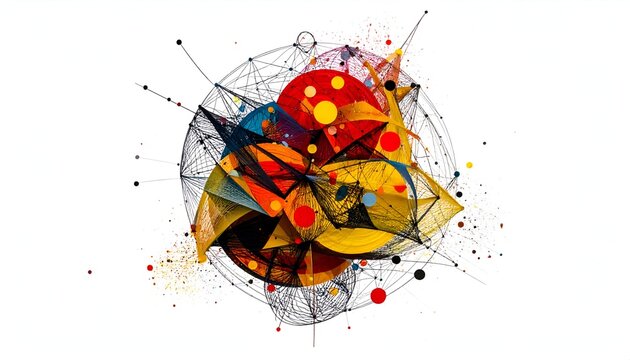 Abstract digital artwork, spherical with colorful geometric shapes and interconnected lines - Powered by Adobe