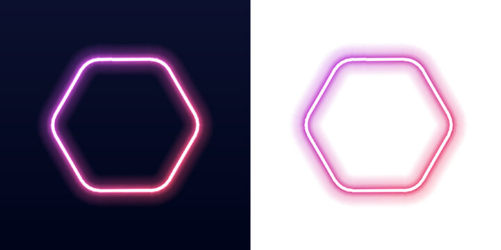 Flaming hexagon neon frame shines with purple and blue lights. Sharp geometric edges reflect bright glowing highlights. Suitable for posters, banners, and digital interface elements.
