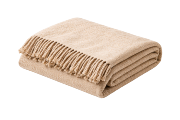 A cozy and comfortable folded beige blanket with soft fringed edges, ideal for adding warmth, texture, and a touch of inviting comfort to modern or rustic home interiors.