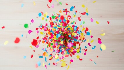 Colorful confetti explosion on a light wooden surface viewed from above