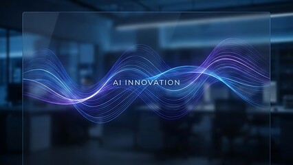 A I innovation concept with wavy lines and office background technology blue
