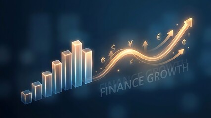 3 D bar chart with rising arrows and currency symbols on dark blue background 3D bar chart finance growth