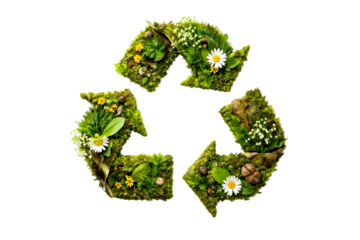Vibrant green moss and diverse natural elements form an ecological recycling symbol, symbolizing environmental responsibility and ideal for sustainable living promotions.