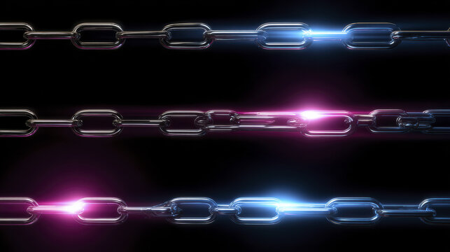 Digital chain network metal link glowing light neon reflection dark background technology connection security tension blockchain concept