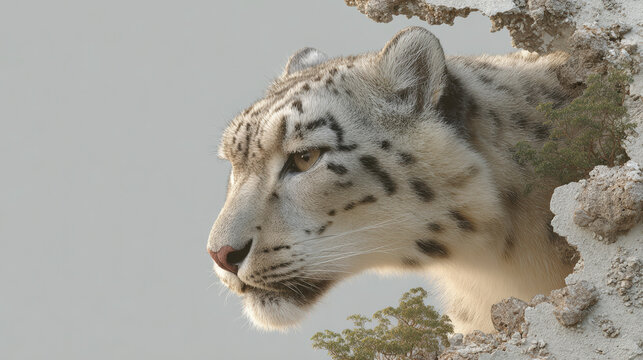 Snow leopard profile wild cat white fur grey background rocky wall wildlife predator nature whisker camouflage snow leopard profile peeking