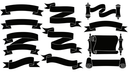 Set of Black Ribbon Banners and Scrolls Design Elements, Text Frames, isolated white background.