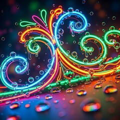 Obraz premium Vibrant neon swirls under glistening water droplets, a digital rendering