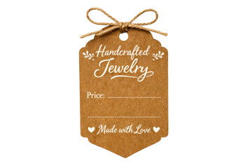 Rustic kraft paper tag with Handcrafted Jewelry text and a twine bow for small business branding product labeling and handmade gift packaging