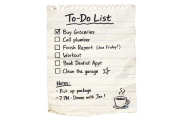 A classic handwritten todo list on aged lined paper with checkboxes, completed tasks, future appointments, and personal notes, excellent for illustrating daily planning and scheduling