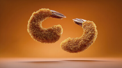 Fried shrimp breaded shrimp floating shrimp crispy seafood golden breadcrumb orange background food photography snack appetizer gourmet fried