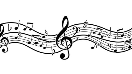 Wavy Musical Staff with Notes and Treble Clef Vector Illustration on Isolated White Background