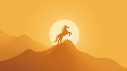 Naklejka premium Silhouette of a Rearing Horse on Mountain Peak at Sunset with Warm Orange Sky