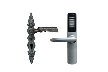 Medieval door handle and modern electronic door handle isolated on white background