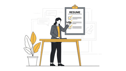 professional woman updating a resume on a clipboard at her workspace with decorative plants and