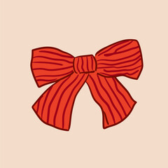 Hand drawn red bow with stripes. Vector hand drawn illustration of ribbon bowknot in coquette aesthetic