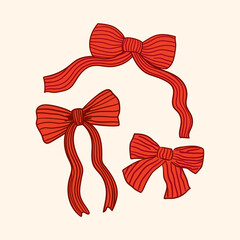 Set of red striped bows. Vector hand drawn illustration. Vintage coquette aesthetic
