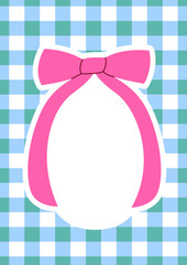 Holiday greeting card with cute hand drawn bow on checkered vichy background. Vector illustration of pink coquette ribbon