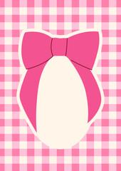 Holiday greeting card with cute hand drawn bow on checkered vichy background. Vector illustration of pink coquette ribbon