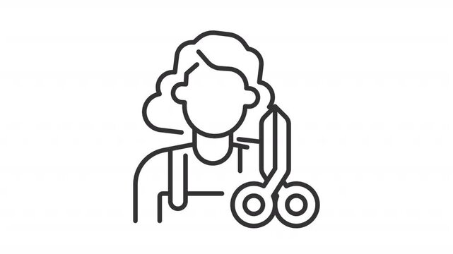 Female hairdresser line animation. Hair stylist animated icon. Moving head. Open scissors. Hair cutting, styling service. Outline element on white background. HD video with alpha channel