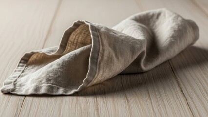 Bread wrapped in a cloth on a wooden table viewed from above