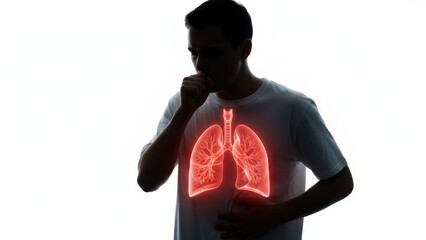 A person chest silhouette with a glowing red lungs showing coughing breathing trouble and respiratory pain asthma concept