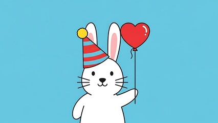 Cute cartoon bunny wearing party hat holding heart balloon