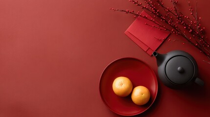 Tet tea table scene with empty product display space, red plate of tangerines, red envelopes, winterberry branch and teapot on crimson background, festive Asian New Year concept