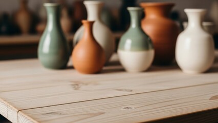 Ceramic vases arranged on a wooden table in a studio setting